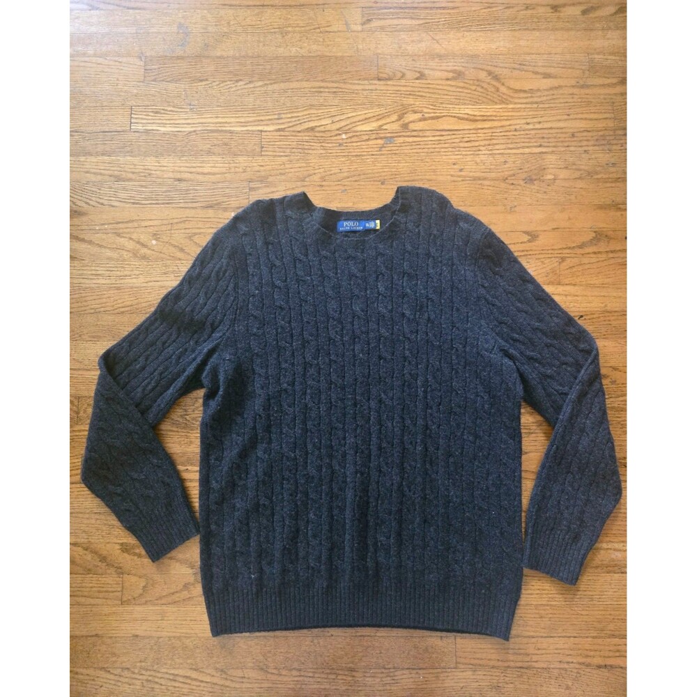 Polo Ralph Lauren Cable Knit Sweater Mens 2XL Gray Wool Cashmere Fisherman Pony